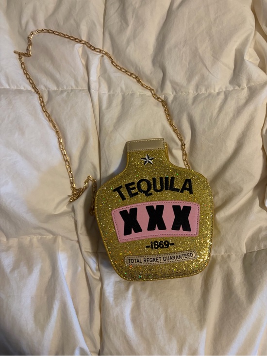 Handbags - Glitter Gold Tequila Bottle Crossbody Bag with Pink Accents